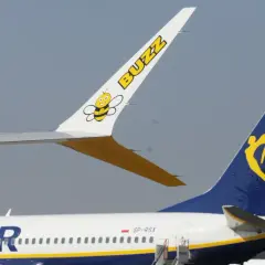 Dwa samoloty na płycie lotniska: jeden z logo Buzz i pszczółką, drugi z logo Ryanair. Czy to lot czarterowy a rejsowy?