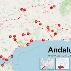 Mapa turystyczna pokazuje, gdzie leży Andaluzja, z zaznaczoną trasą i punktami widokowymi.