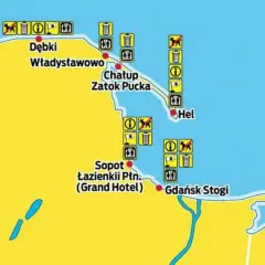 Mapa pokazuje najpiękniejsze miejsca nad polskim morzem, z oznaczeniami plaż, śmietników i zakazów wprowadzania psów.