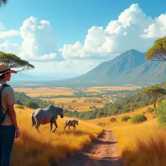 Podróżnik na tle sawanny z antylopami. Idealny czas na podróż na Madagaskar, kiedy jechać, by podziwiać takie widoki.