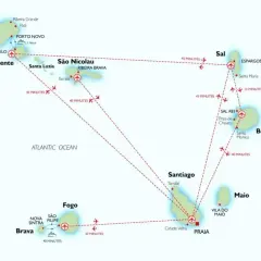 Mapa przedstawia wyspy Zielonego Przylądka, ich położenie i połączenia lotnicze między nimi.