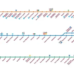 Mapa komunikacji miejskiej Rzym: linie metra MA, MB, MC z zaznaczonymi stacjami, przesiadkami i parkingami.