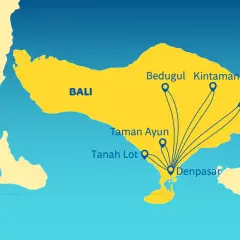 Mapa pokazuje, gdzie jest Bali, z zaznaczonymi atrakcjami: Denpasar, Tanah Lot, Taman Ayun, Bedugul, Kintamani i Wulkan Agung.