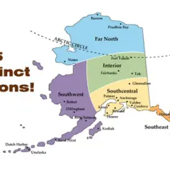Mapa Alaski z podziałem na 5 regionów: Far North, Interior, Southwest, Southcentral i Southeast. Wymienione największe miasta Alaski, w tym Anchorage i Fairbanks.