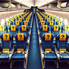 Puste miejsca w samolocie Ryanair, z żółtymi zagłówkami i znakami zapytania. Czekają na pasażerów.