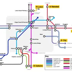 Mapa połączeń kolejowych z lotniskami w Anglii: Heathrow, Gatwick, Luton, Stansted, Southend.