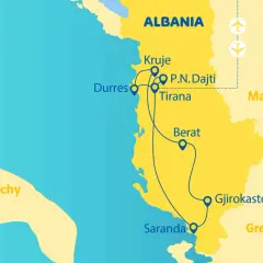 Mapa pokazuje, gdzie leży Albania, między Włochami a Grecją. Zaznaczone są główne miasta: Tirana, Durrës, Kruja, Berat, Gjirokaster i Saranda.