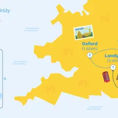 Plan podróży po Wielkiej Brytanii: Londyn, Oxford, Cambridge i Dover. Gdzie jest Oxford? Zaznaczony na mapie jako drugi punkt wycieczki.