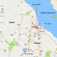 Mapa pokazuje, gdzie leży Erytrea, między Sudanem a Etiopią, nad Morzem Czerwonym. Zaznaczono loty z WAW do Etiopii.