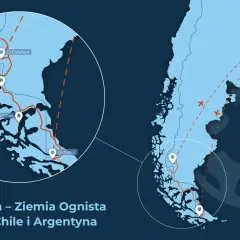 Mapa pokazuje, gdzie leży Patagonia: południowy kraniec Ameryki Południowej, z zaznaczonymi miastami jak El Calafate, Ushuaia i Buenos Aires.