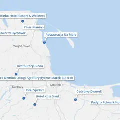 Mapa pokazuje atrakcje turystyczne i miejscowości blisko Trójmiasta, takie jak Pałac Ciekocinko, Dwór w Bychowie i Folwark Neminino.