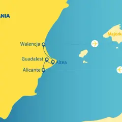 Mapa pokazuje Hiszpanię, gdzie jest Walencja, Alicante i Majorka. Widać też loty między tymi miejscami.