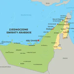 Mapa Zjednoczonych Emiratów Arabskich. Gdzie leży Dubaj? Miasto znajduje się na północnym wschodzie kraju, nad Zatoką Perską, blisko granicy z Iranem.