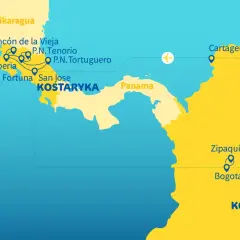 Mapa pokazuje trasę podróży przez Kostarykę, Panamę i Wenezuelę, z zaznaczonymi miastami Kolumbia, Cartagena, Bogota i Zipaquirá.