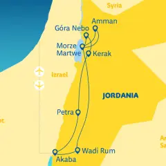 Mapa pokazuje, gdzie leży Jordania, z zaznaczonymi miastami: Amman, Kerak, Petra, Wadi Rum i Akaba. Obok Izrael i Egipt.