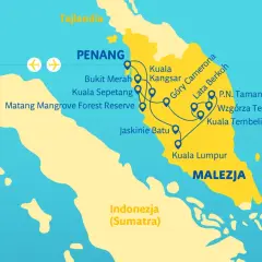 Mapa pokazuje trasę podróży po Malezji: Penang, Kuala Lumpur, Góry Cameron. Zobacz, co zobaczyć w Malezji!