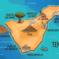 Mapa Teneryfy z zaznaczonymi atrakcjami: wulkan Teide, Puerto de la Cruz, La Laguna, Santa Cruz, Los Gigantes, Playa de las Américas.