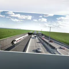 Wizualizacja tunelu łączącego Niemcy i Danię, z pociągiem i samochodami.