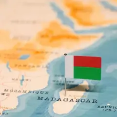 Flaga Madagaskaru na mapie Afryki. Gdzie leży Madagaskar? Na wschód od Mozambiku, na Oceanie Indyjskim.