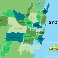 Mapa pokazuje, gdzie jest Sydney, z podziałem na dzielnice: Outer West, Northern Suburbs, Inner West i inne.