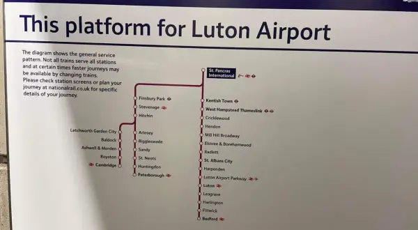 Tablica "Platform B" informuje, że ten peron jest dla pociągów do Luton Airport. Mapa pokazuje trasę z Londynu do Luton.