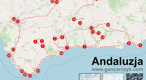 Mapa turystyczna pokazuje, gdzie leży Andaluzja, z zaznaczoną trasą i punktami widokowymi.