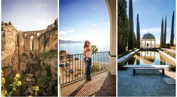 Most impressive atrakcje w Hiszpanii: most w Ronda, widok na morze z tarasu i piękny ogród z altaną.