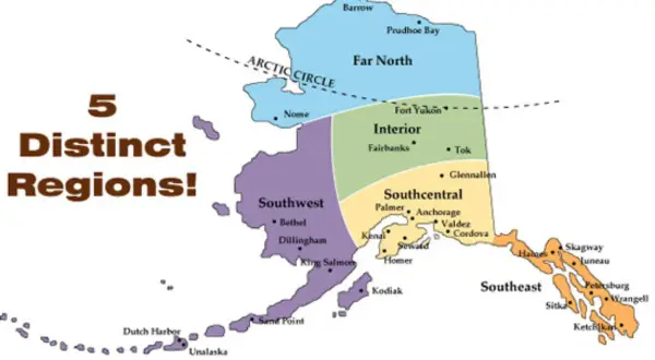 Mapa Alaski z podziałem na 5 regionów: Far North, Interior, Southwest, Southcentral i Southeast. Wymienione największe miasta Alaski, w tym Anchorage i Fairbanks.