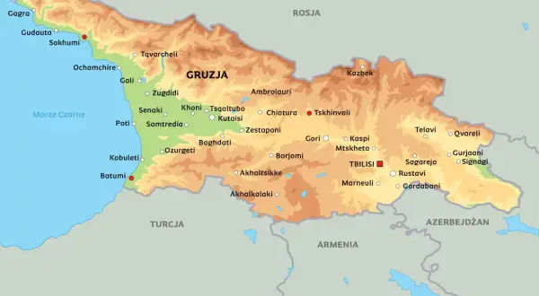 Mapa polityczna Gruzji z zaznaczonymi miastami i sąsiadującymi krajami. Gdzie leży Gruzja? Między Morzem Czarnym a Morzem Kaspijskim, na styku Europy i Azji.