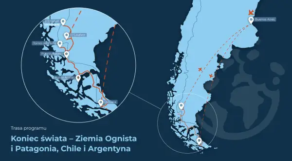 Mapa pokazuje, gdzie leży Patagonia: południowy kraniec Ameryki Południowej, z zaznaczonymi miastami jak El Calafate, Ushuaia i Buenos Aires.