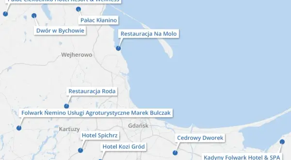 Mapa pokazuje atrakcje turystyczne i miejscowości blisko Trójmiasta, takie jak Pałac Ciekocinko, Dwór w Bychowie i Folwark Neminino.