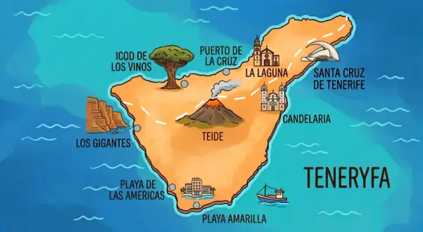 Mapa Teneryfy z zaznaczonymi atrakcjami: wulkan Teide, Puerto de la Cruz, La Laguna, Santa Cruz, Los Gigantes, Playa de las Américas.