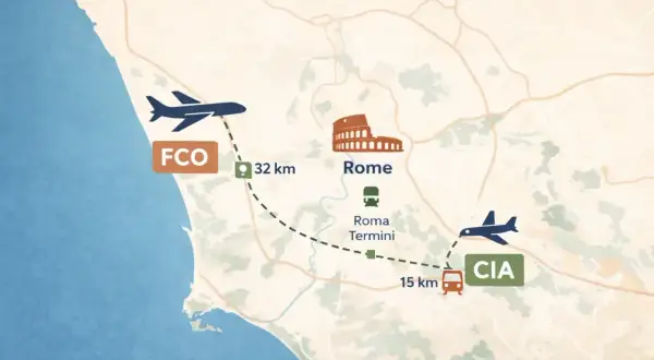 Mapa pokazuje jak dojechać z lotniska Ciampino (CIA) do centrum Rzymu. Z FCO do Rzymu 32 km, z CIA do Rzymu 15 km.