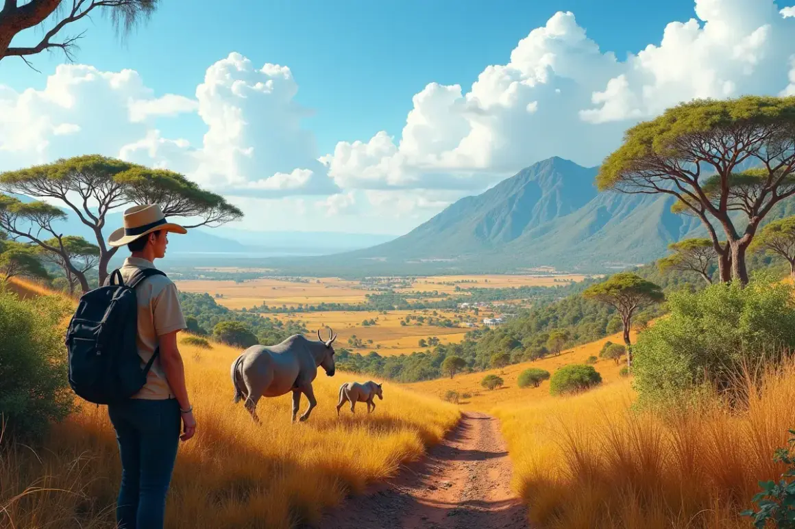 Podróżnik na tle sawanny z antylopami. Idealny czas na podróż na Madagaskar, kiedy jechać, by podziwiać takie widoki.