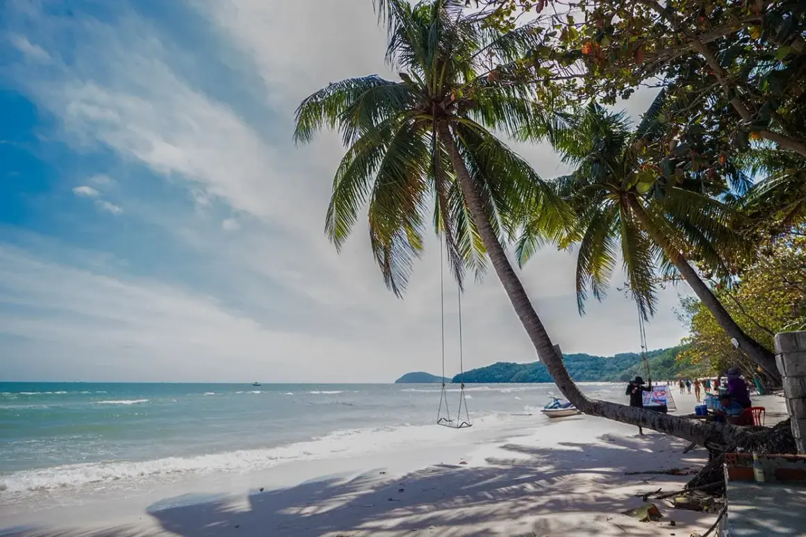 Huśtawka pod palmą na plaży, idealne miejsce na relaks wśród atrakcji Phu Quoc. W tle morze i góry.
