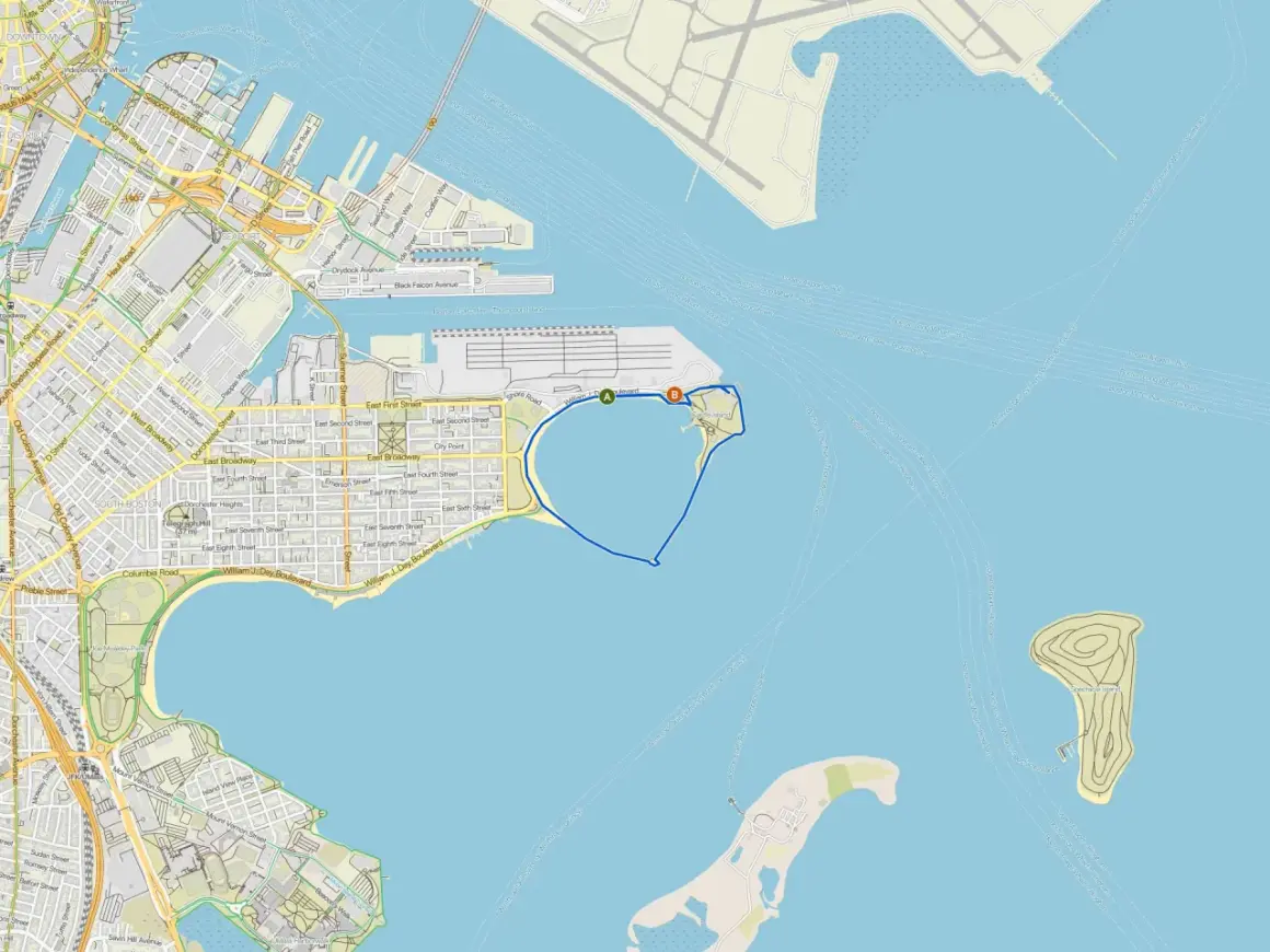 Mapa Bostonu z zaznaczoną trasą wokół Castle Island. Gdzie jest Boston? Tu!
