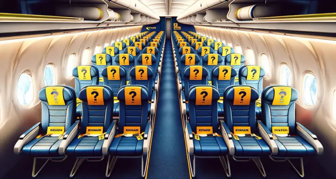 Puste miejsca w samolocie Ryanair, z żółtymi zagłówkami i znakami zapytania. Czekają na pasażerów.