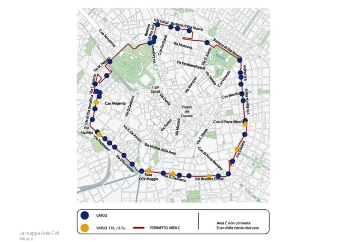 Mapa komunikacji miejskiej w Mediolanie, pokazująca trasę Area C z zaznaczonymi punktami kontrolnymi.
