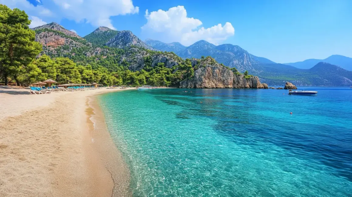 Piękna plaża z turkusową wodą i górami w tle. Idealne miejsce na wakacje, zastanawiasz się, ile się leci do Turcji?