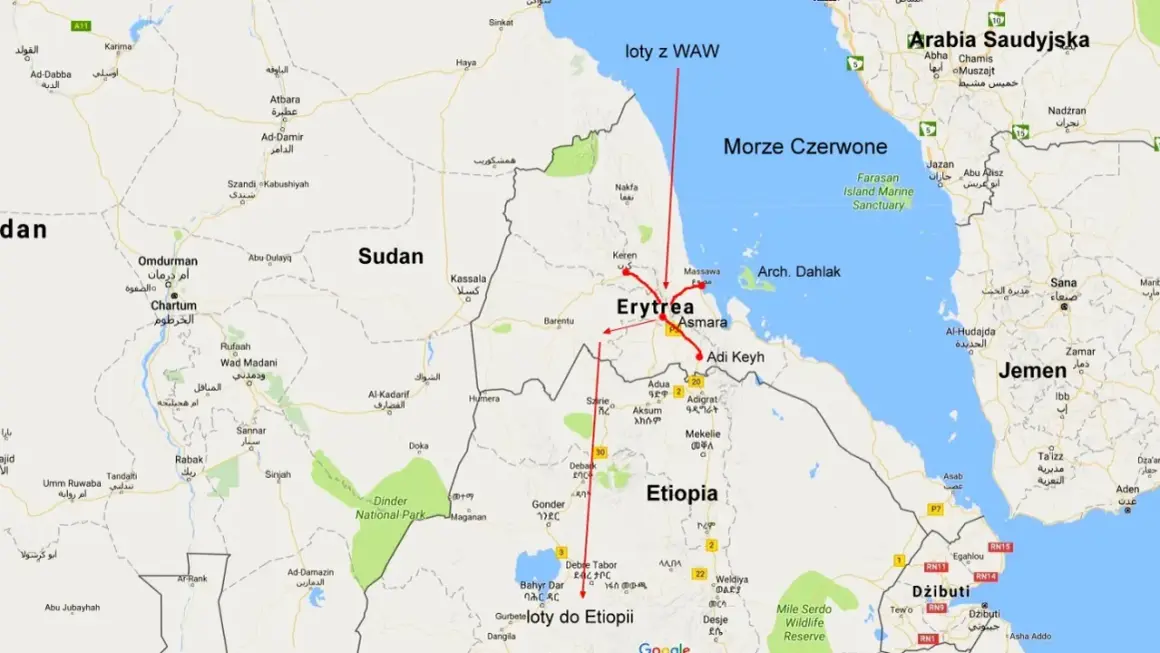Mapa pokazuje, gdzie leży Erytrea, między Sudanem a Etiopią, nad Morzem Czerwonym. Zaznaczono loty z WAW do Etiopii.