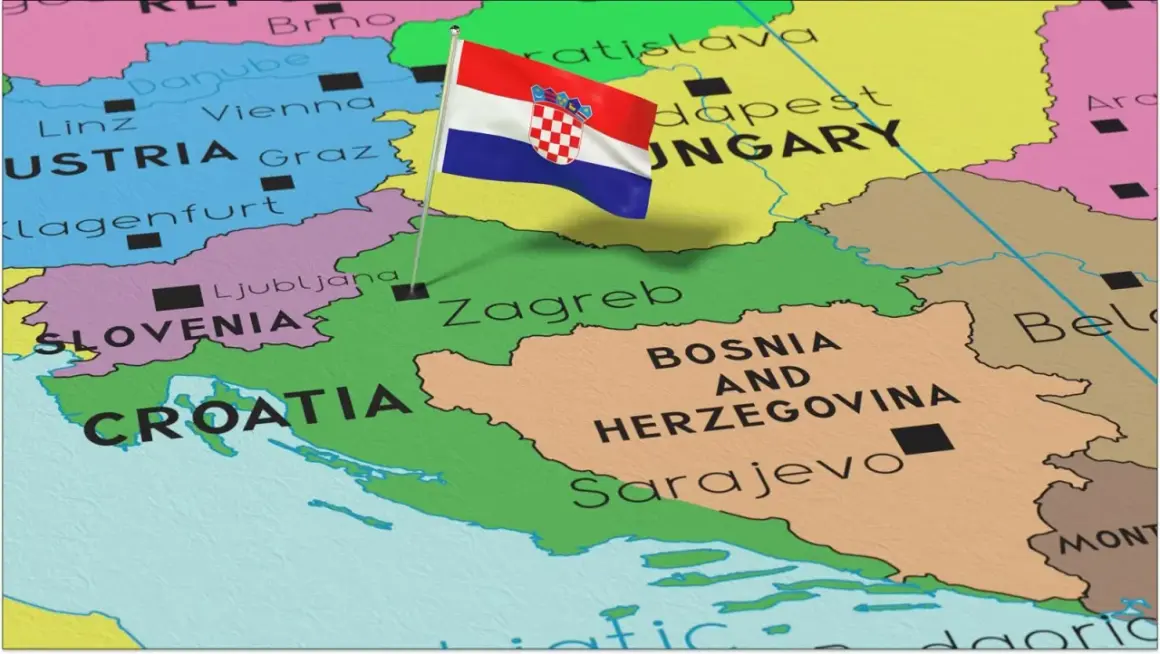 Chorwacja nad jakim morzem? Mapa pokazuje Chorwację z flagą, sąsiadującą ze Słowenią i Bośnią i Hercegowiną, nad Adriatykiem.
