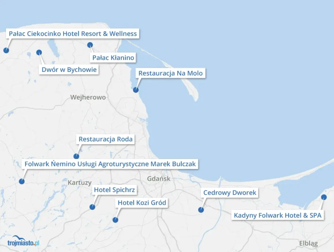 Mapa pokazuje atrakcje turystyczne i miejscowości blisko Trójmiasta, takie jak Pałac Ciekocinko, Dwór w Bychowie i Folwark Neminino.