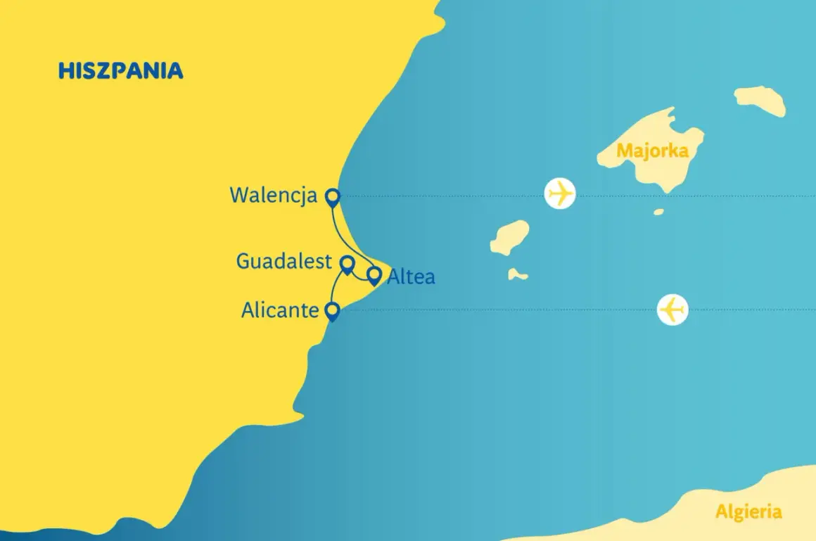 Mapa pokazuje Hiszpanię, gdzie jest Walencja, Alicante i Majorka. Widać też loty między tymi miejscami.