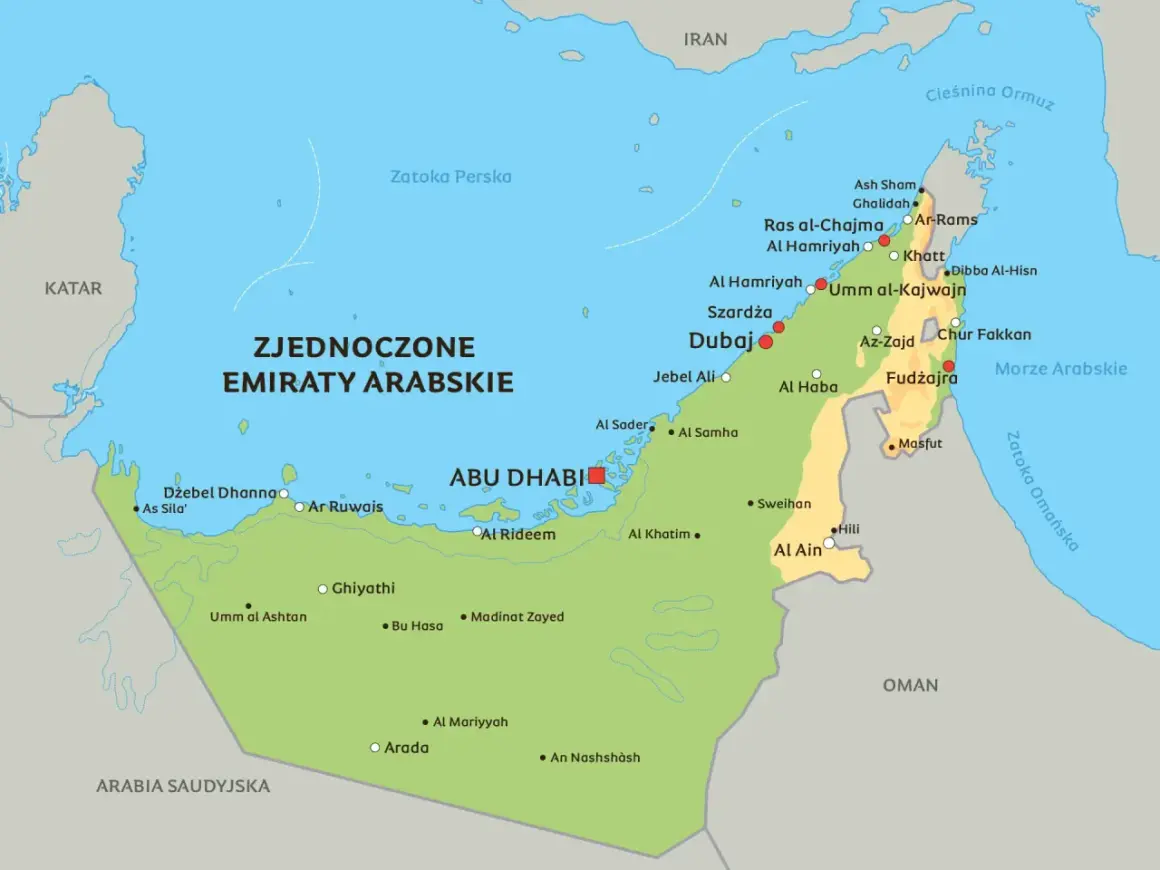 Mapa Zjednoczonych Emiratów Arabskich. Gdzie leży Dubaj? Miasto znajduje się na północnym wschodzie kraju, nad Zatoką Perską, blisko granicy z Iranem.