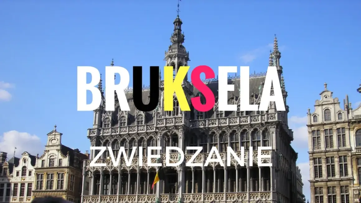Bruksela - zwiedzanie, widok na zabytkowe budynki na tle błękitnego nieba.