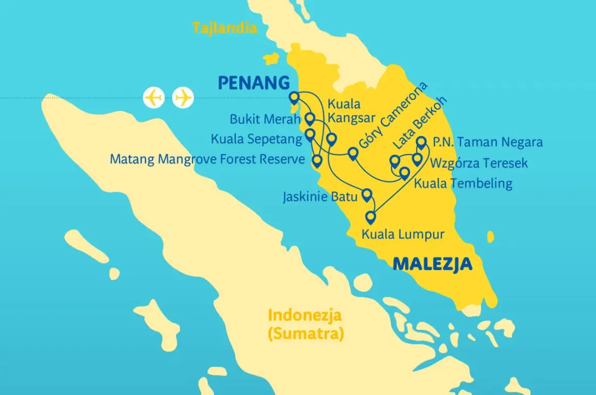 Mapa pokazuje trasę podróży po Malezji: Penang, Kuala Lumpur, Góry Cameron. Zobacz, co zobaczyć w Malezji!