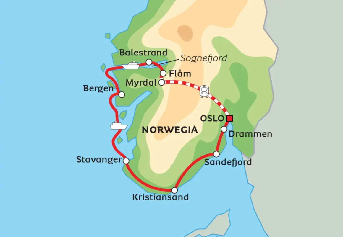 Mapa Norwegii z zaznaczoną trasą podróży, która obejmuje m.in. Bergen, Stavanger, Kristiansand, Sandefjord, Drammen i Oslo.