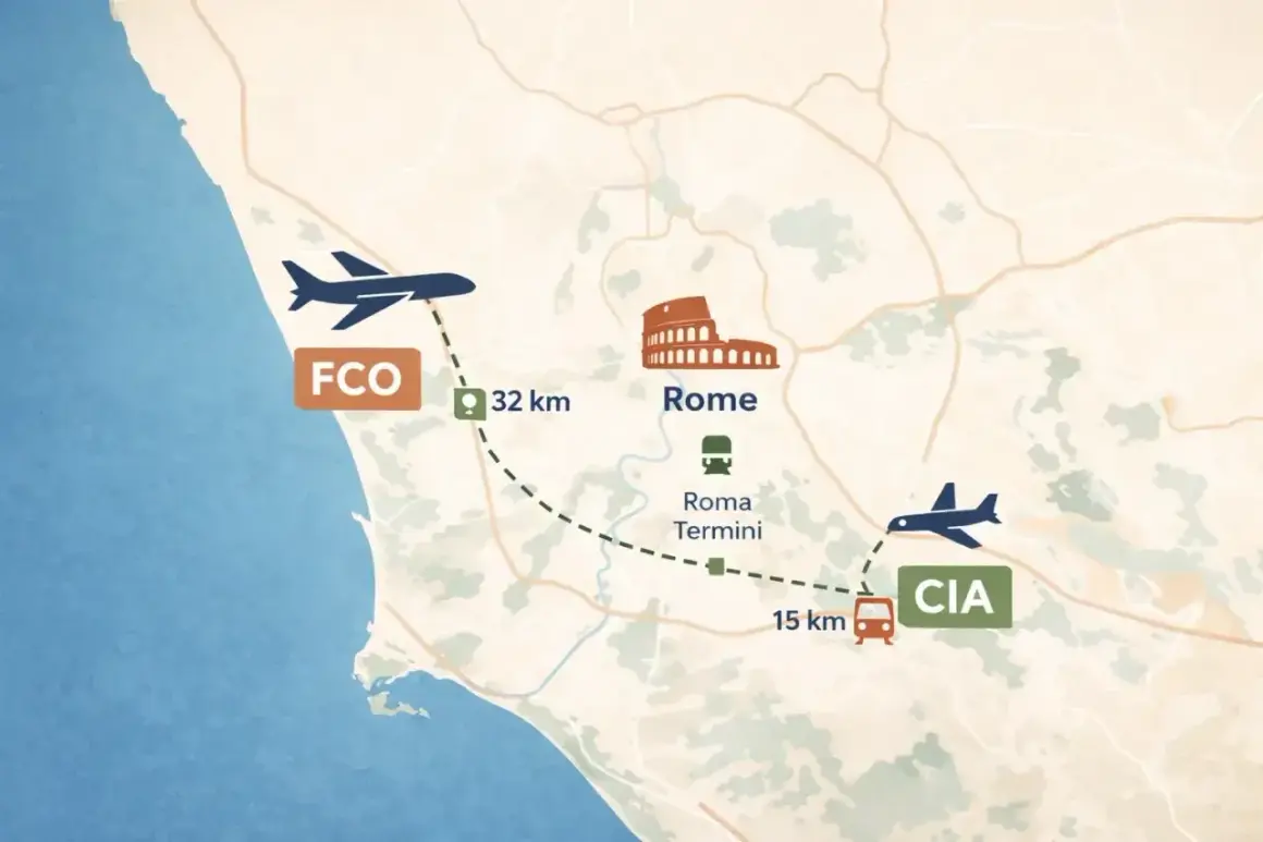 Mapa pokazuje jak dojechać z lotniska Ciampino (CIA) do centrum Rzymu. Z FCO do Rzymu 32 km, z CIA do Rzymu 15 km.