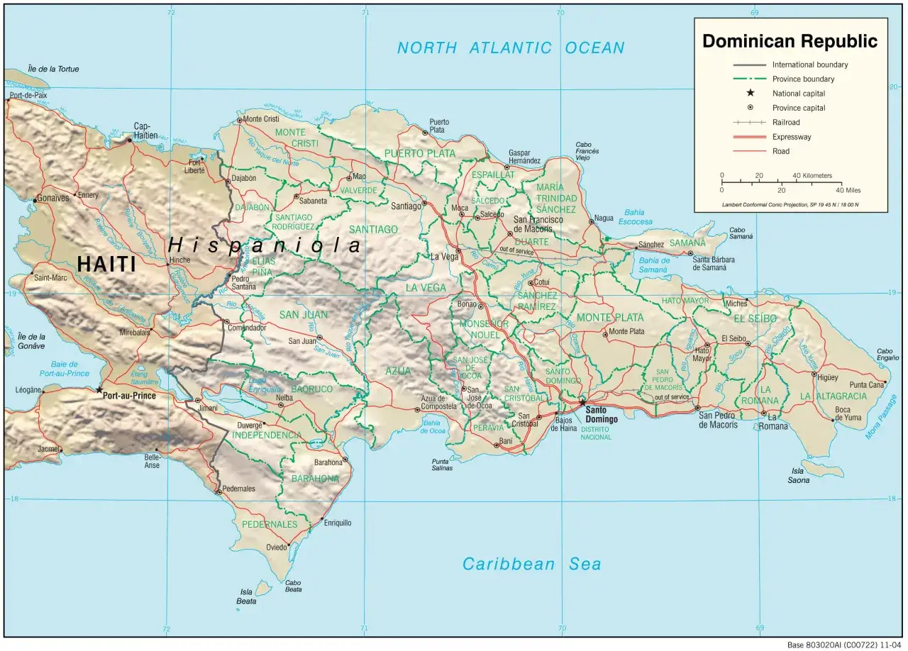 Mapa pokazuje gdzie leży Dominikana, na wyspie Hispaniola, na Morzu Karaibskim, na wsch&oacute;d od Haiti.