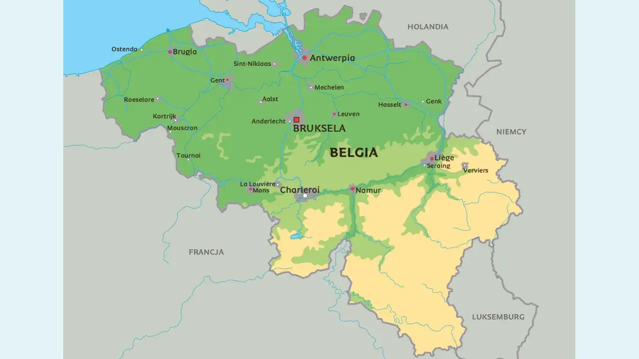 Mapa Belgii z zaznaczonymi miastami. Gdzie jest Bruksela? Jest centralnie, obok Anderlechtu.
